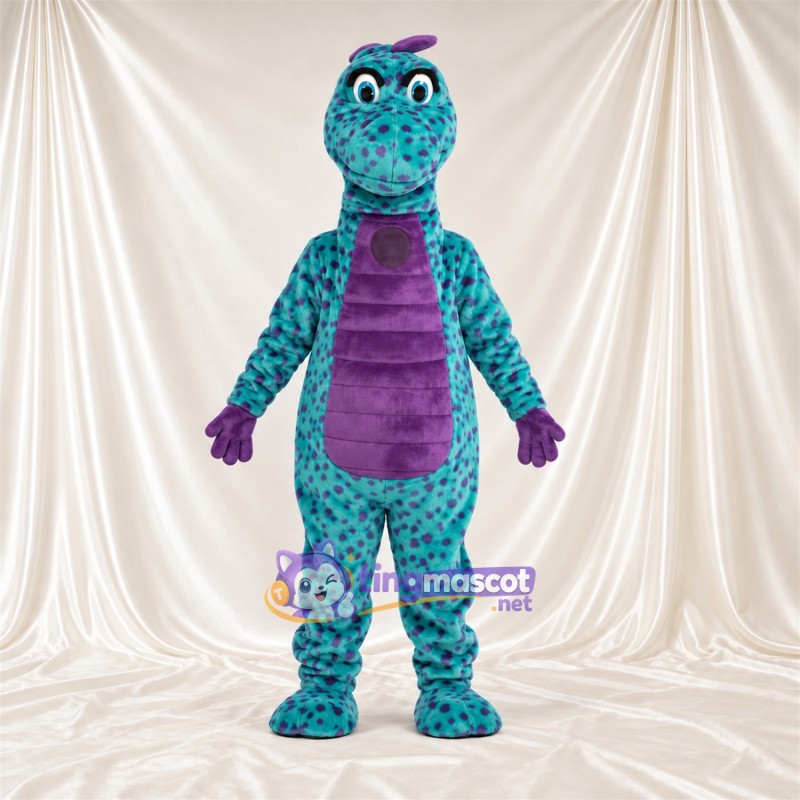 Costume de mascotte Dinosaure – bleu canard – Ventre (violet) Costume de mascotte Dinosaure – bleu canard – Ventre (violet)