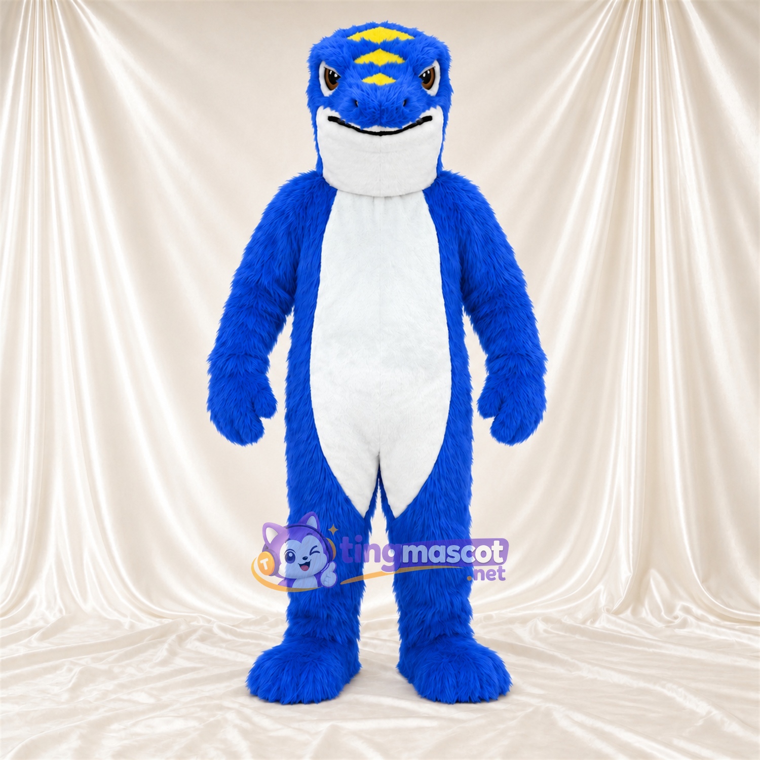 Costume de mascotte Dragon – bleu – Épines (jaune); Ventre (blanc) Costume de mascotte Dragon – bleu – Épines (jaune); Ventre (blanc)