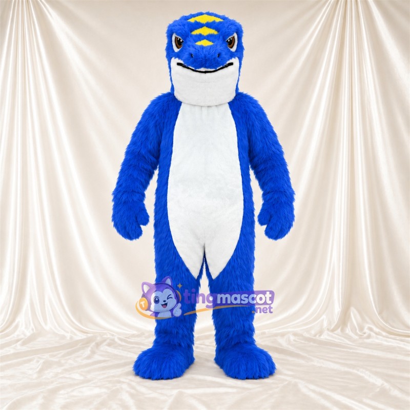 Costume de mascotte Dragon – bleu – Épines (jaune); Ventre (blanc) Costume de mascotte Dragon – bleu – Épines (jaune); Ventre (blanc)