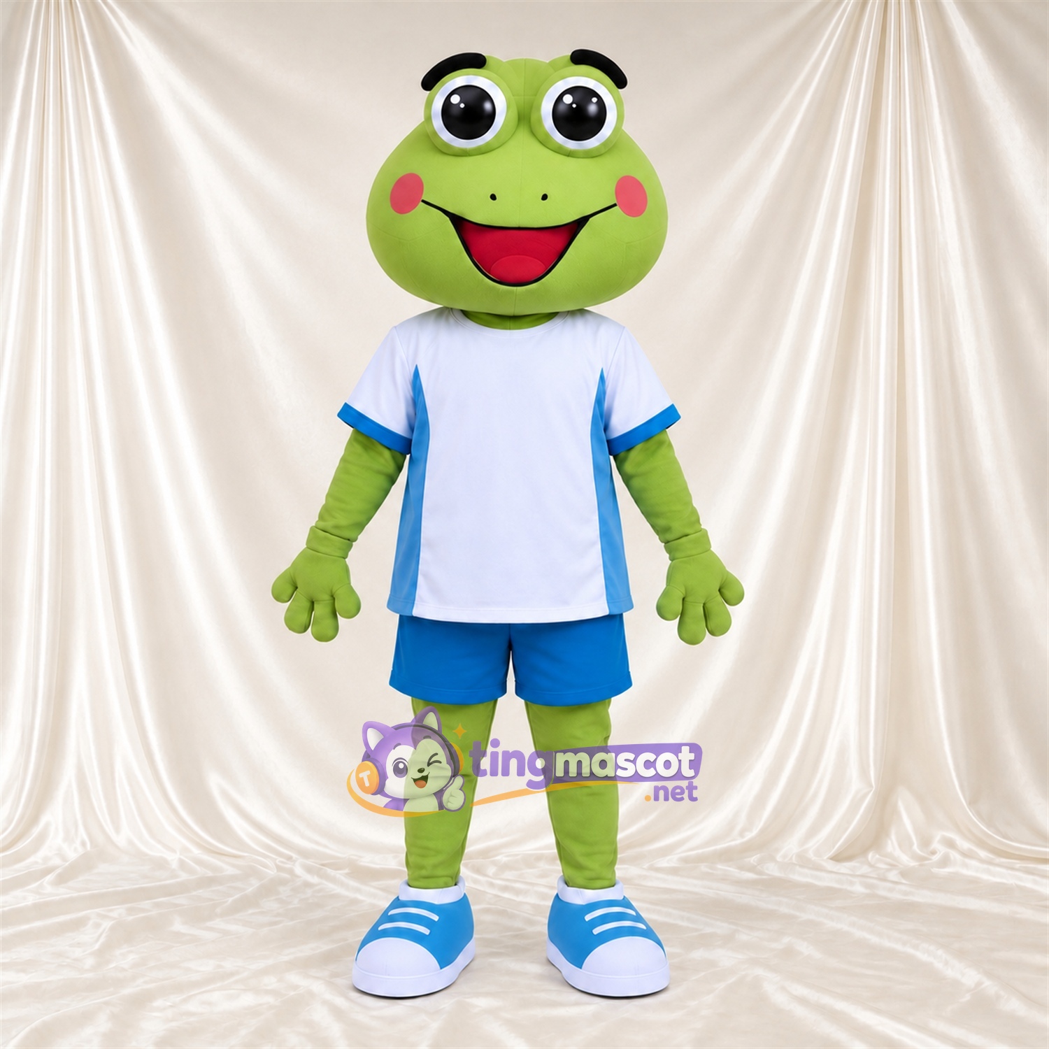 Costume de mascotte Grenouille – vert – Chemise (blanc); Short (bleu) Costume de mascotte Grenouille – vert – Chemise (blanc); Short (bleu)