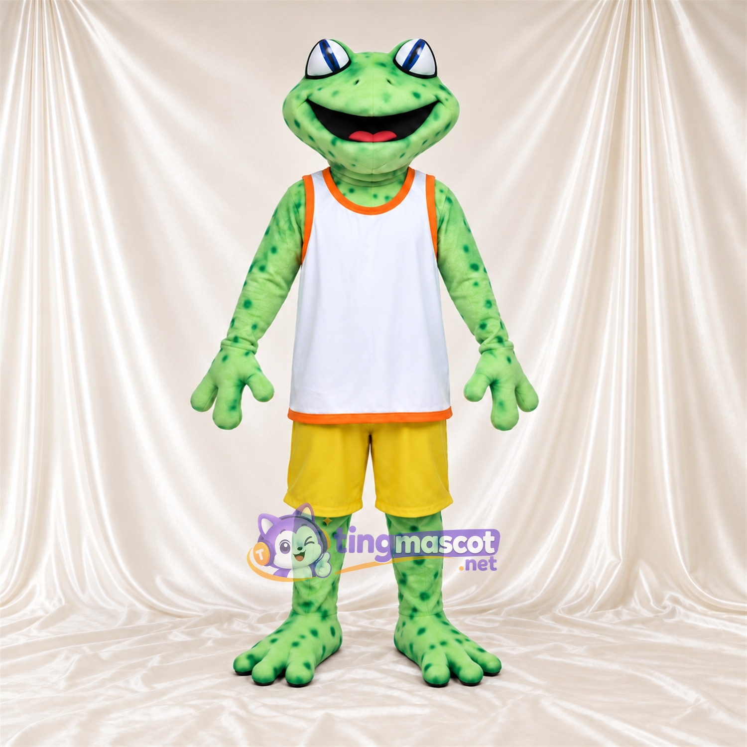 Maskottchenkostüm Frosch – grün – Tanktop (weiß); Shorts (gelb) Maskottchenkostüm Frosch – grün – Tanktop (weiß); Shorts (gelb)
