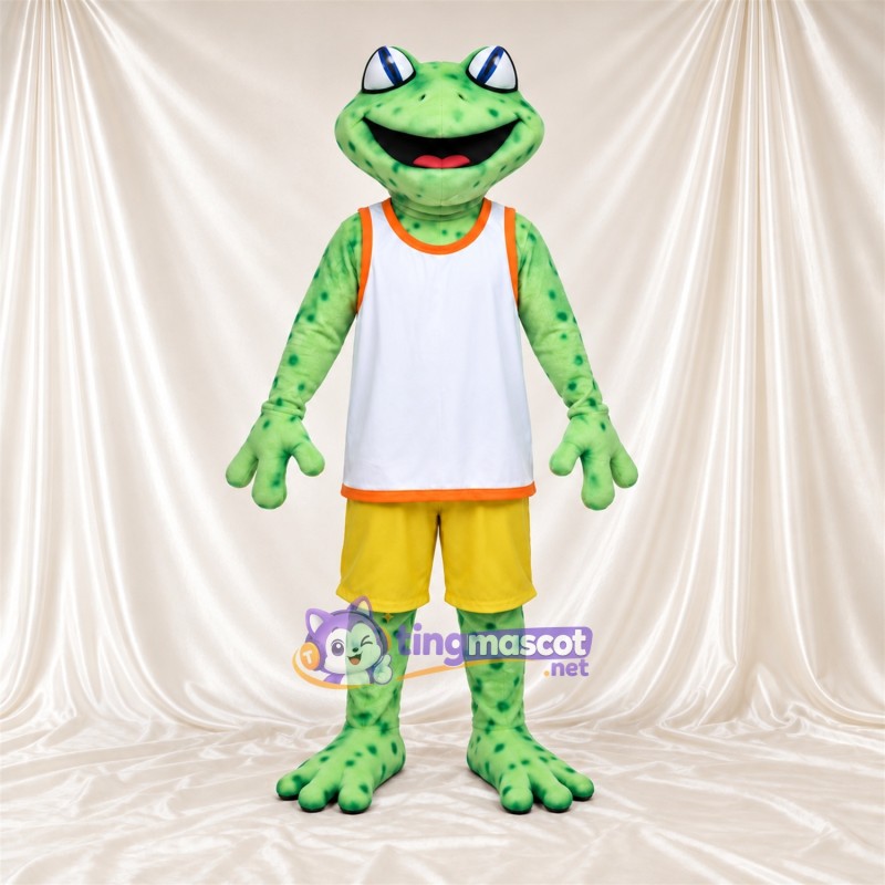 Maskottchenkostüm Frosch – grün – Tanktop (weiß); Shorts (gelb) Maskottchenkostüm Frosch – grün – Tanktop (weiß); Shorts (gelb)