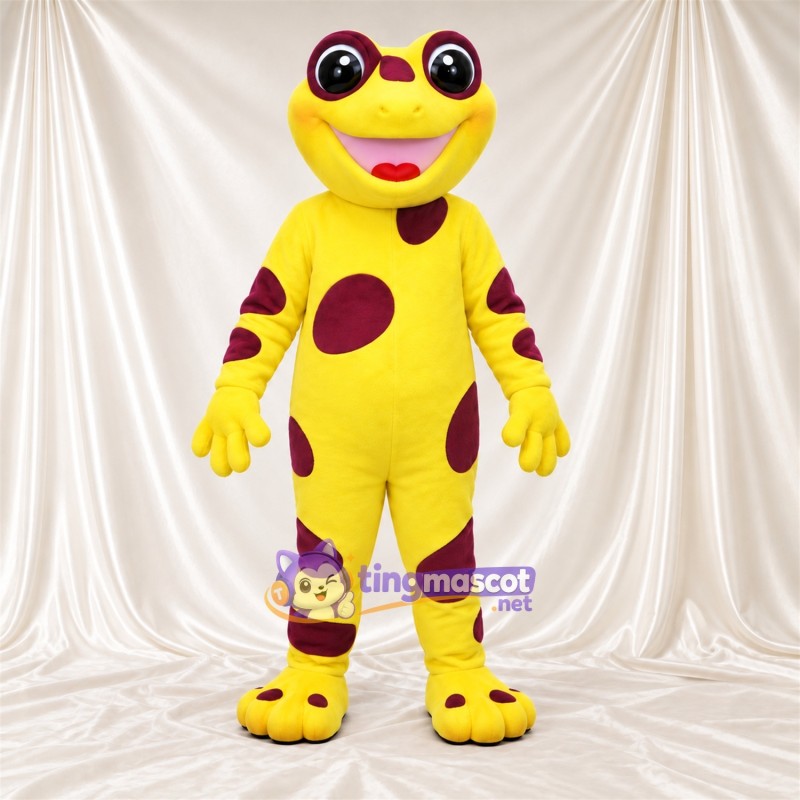 Costume de mascotte Grenouille – jaune – Taches (bordeaux) Costume de mascotte Grenouille – jaune – Taches (bordeaux)
