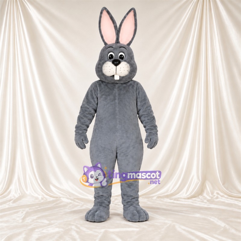 Costume de mascotte Lapin – gris – Intérieur des oreilles (rose); Grandes incisives