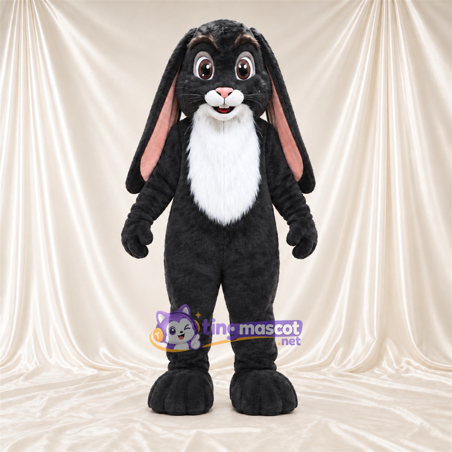 Black Rabbit Mascot Costume - White Belly, Floppy Ears and Pink Inner Ears Black Rabbit Mascot Costume - White Belly, Floppy Ears and Pink Inner Ears