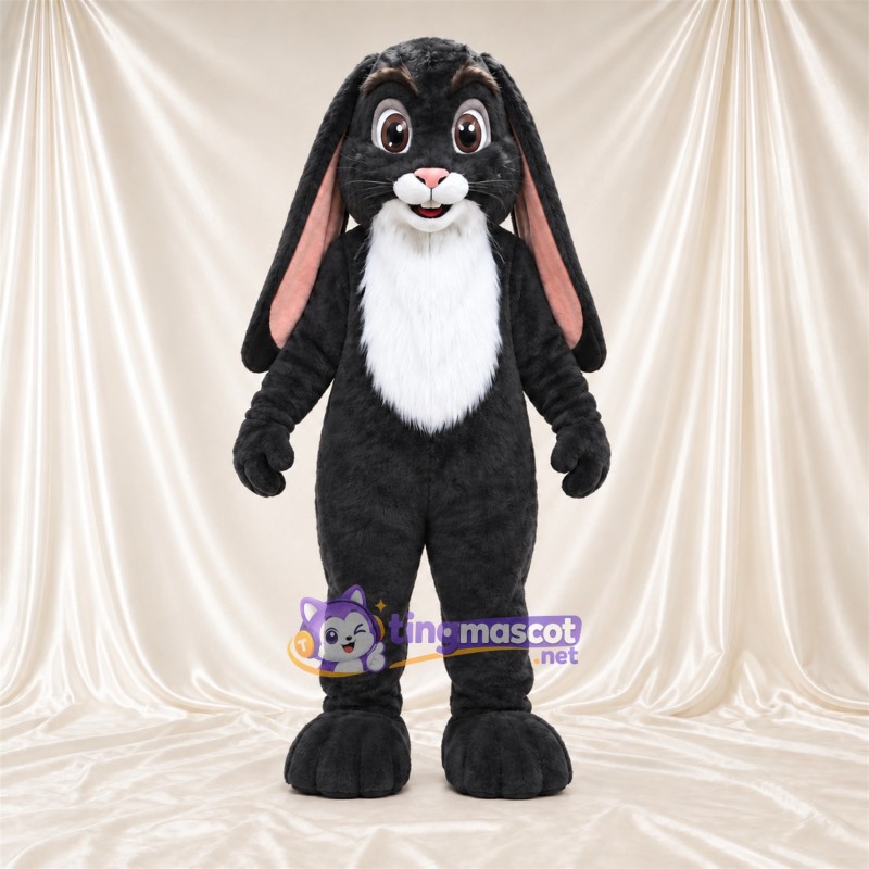 Black Rabbit Mascot Costume - White Belly, Floppy Ears and Pink Inner Ears Black Rabbit Mascot Costume - White Belly, Floppy Ears and Pink Inner Ears