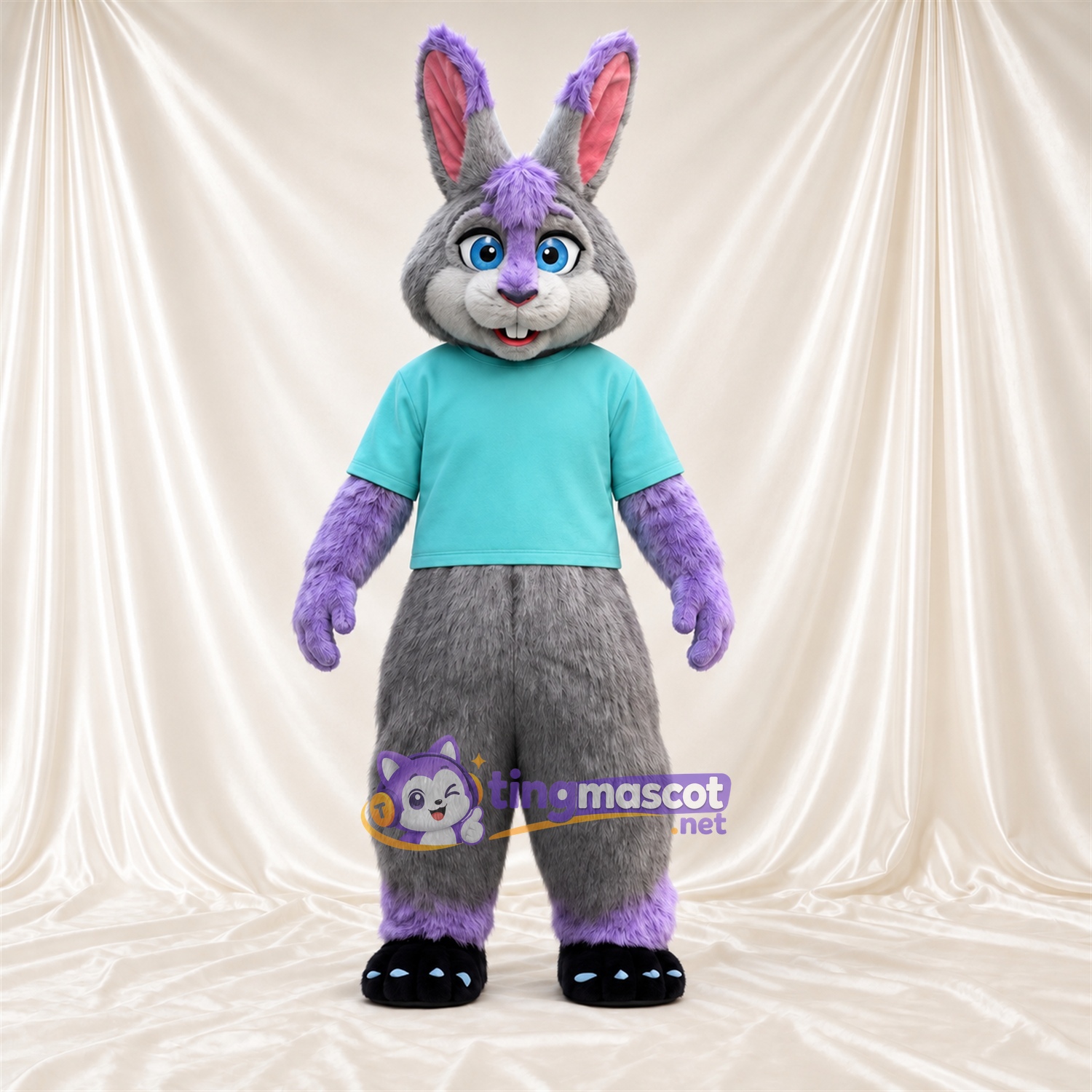 Gray and Purple Rabbit Mascot Costume - Teal Shirt Gray and Purple Rabbit Mascot Costume - Teal Shirt