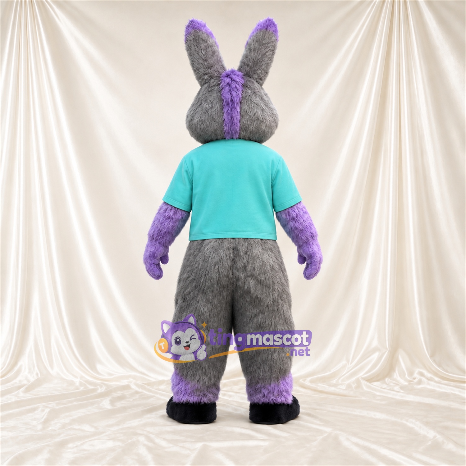 Gray and Purple Rabbit Mascot Costume - Teal Shirt Gray and Purple Rabbit Mascot Costume - Teal Shirt