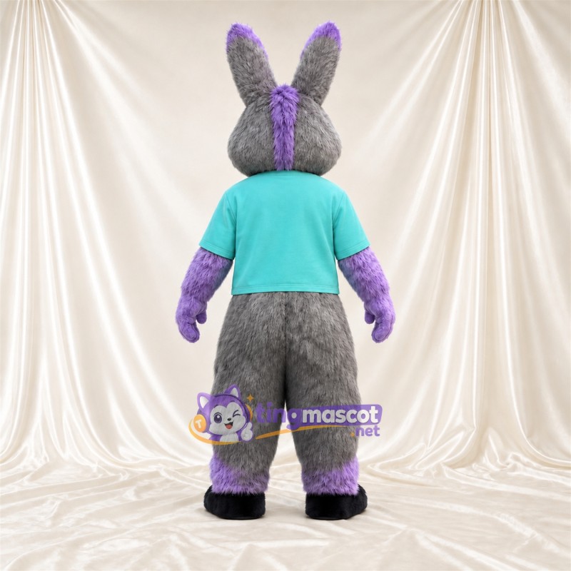 Gray and Purple Rabbit Mascot Costume - Teal Shirt Gray and Purple Rabbit Mascot Costume - Teal Shirt