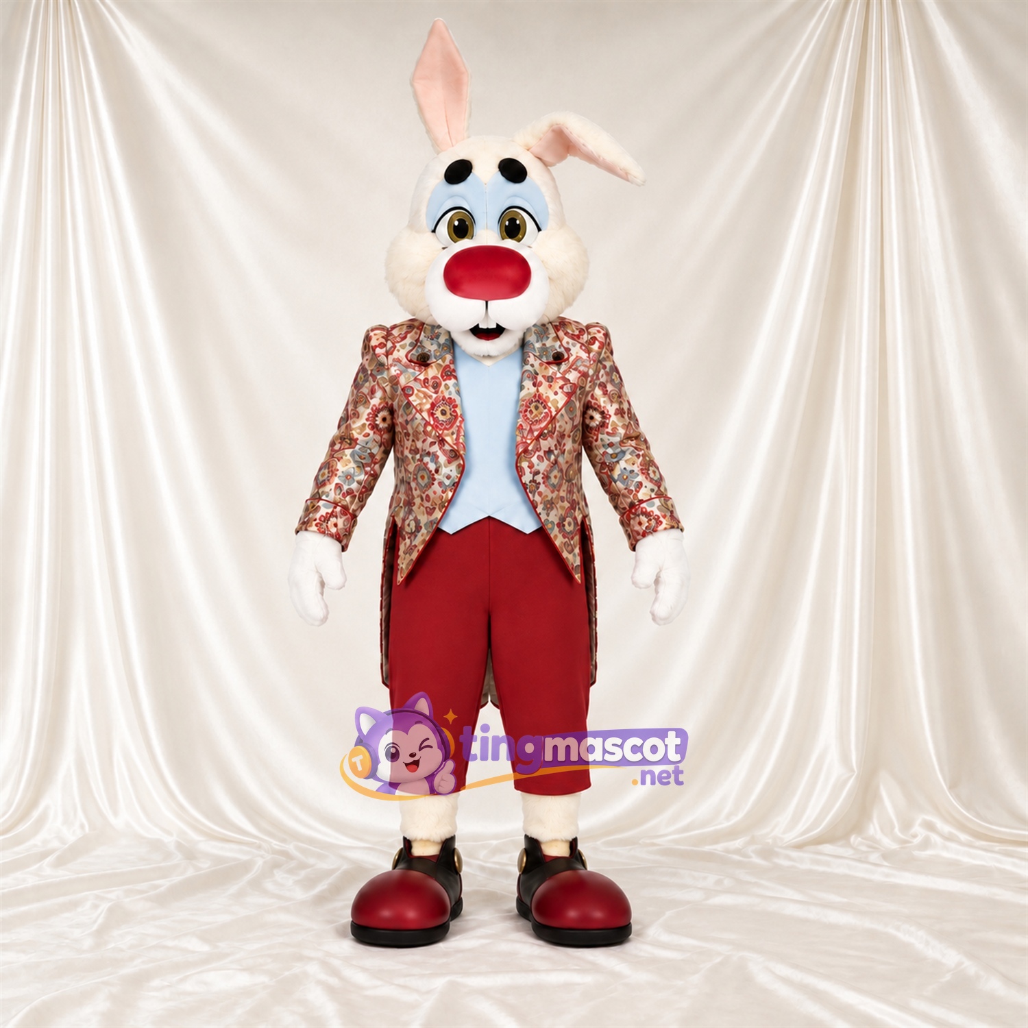 Maskottchenkostüm Hase – weiß – Mantel; Hose (rot) Maskottchenkostüm Hase – weiß – Mantel; Hose (rot)