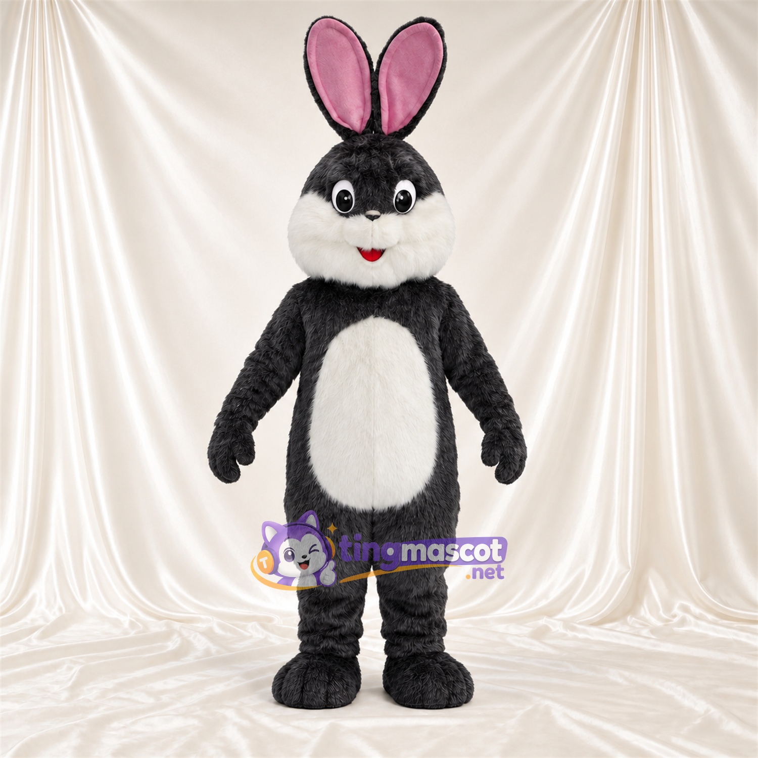 Black Rabbit Mascot Costume - White Belly, Long Ears and Pink Inner Ears Black Rabbit Mascot Costume - White Belly, Long Ears and Pink Inner Ears