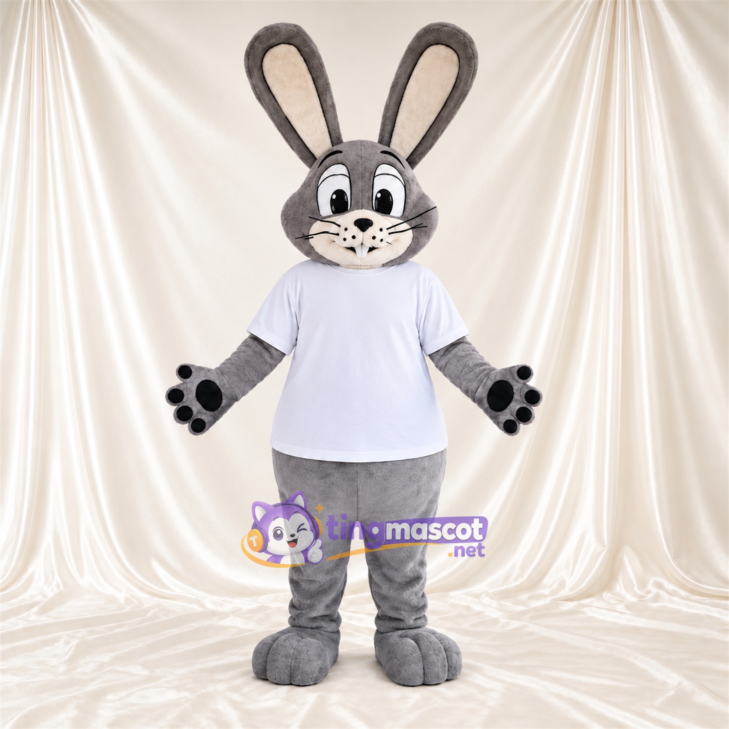Maskottchenkostüm Hase – grau – T-Shirt (weiß); Pfotenballen (schwarz) Maskottchenkostüm Hase – grau – T-Shirt (weiß); Pfotenballen (schwarz)