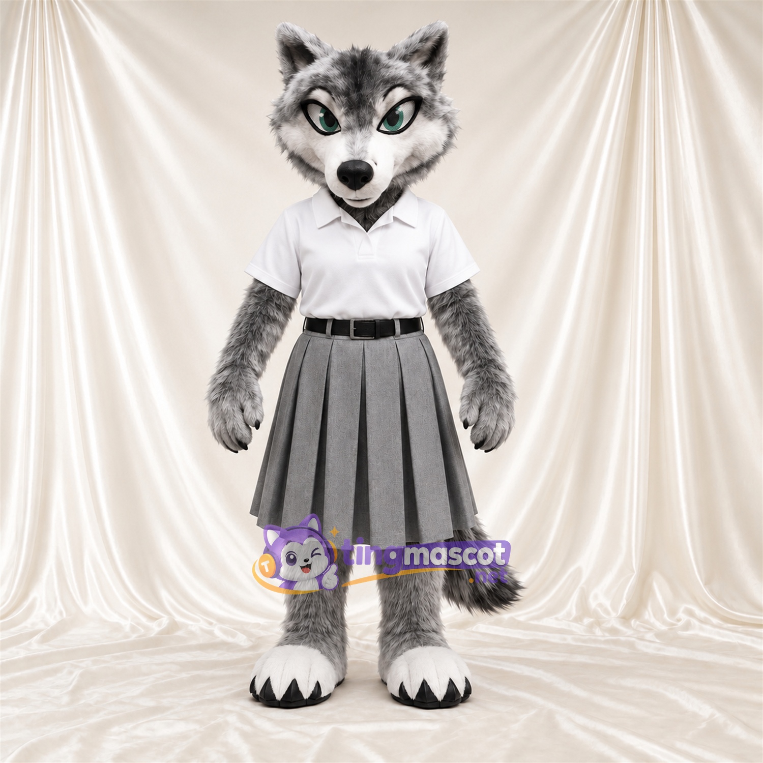 Costume de mascotte Loup – gris – Chemise (blanc); Jupe (gris) Costume de mascotte Loup – gris – Chemise (blanc); Jupe (gris)