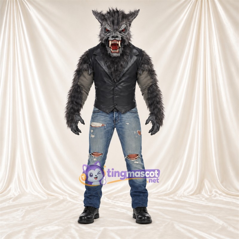 Maskottchenkostüm Werwolf – grau – Weste (schwarz) Maskottchenkostüm Werwolf – grau – Weste (schwarz)