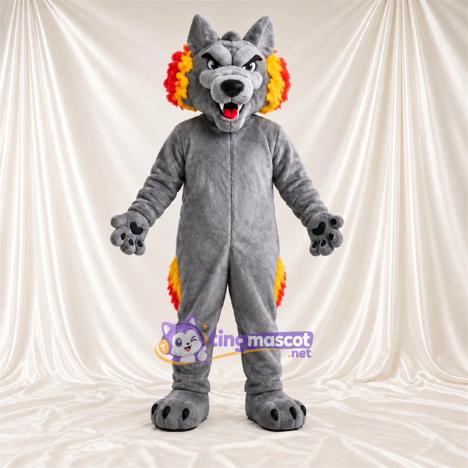 Costume de mascotte Loup – gris – Cache-oreilles (rouge / jaune) Costume de mascotte Loup – gris – Cache-oreilles (rouge / jaune)