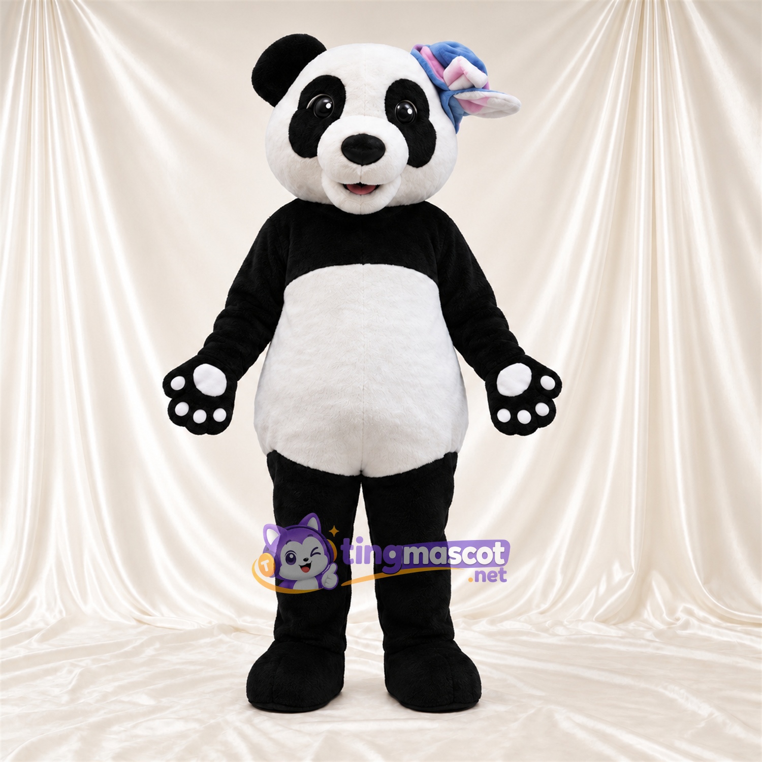 Black and White Panda Mascot Costume - Blue and Pink Ear Bows Black and White Panda Mascot Costume - Blue and Pink Ear Bows