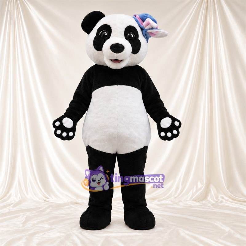 Black and White Panda Mascot Costume - Blue and Pink Ear Bows Black and White Panda Mascot Costume - Blue and Pink Ear Bows