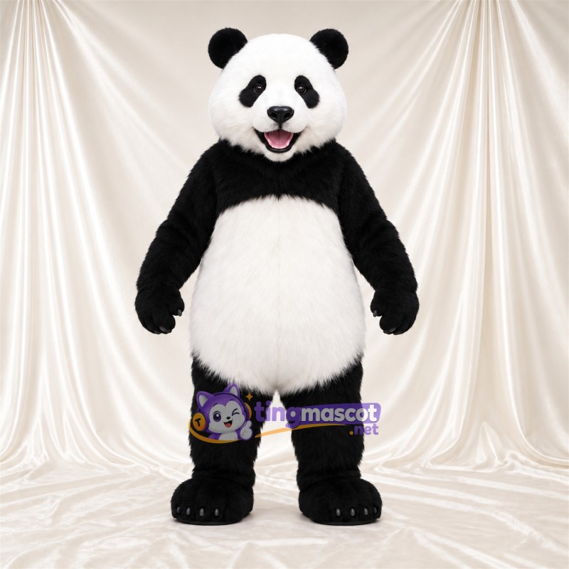 Costume de mascotte Panda – noir / blanc – Bouche ouverte; Ventre rond Costume de mascotte Panda – noir / blanc – Bouche ouverte; Ventre rond