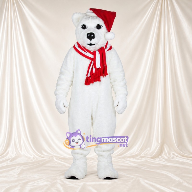 White Polar Bear Mascot Costume - Santa Hat and Red Scarf, Black Paw Pads and Striped Scarf White Polar Bear Mascot Costume - Santa Hat and Red Scarf, Black Paw Pads and Striped Scarf