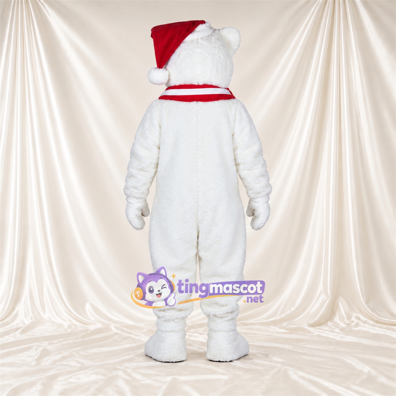 White Polar Bear Mascot Costume - Santa Hat and Red Scarf, Black Paw Pads and Striped Scarf White Polar Bear Mascot Costume - Santa Hat and Red Scarf, Black Paw Pads and Striped Scarf