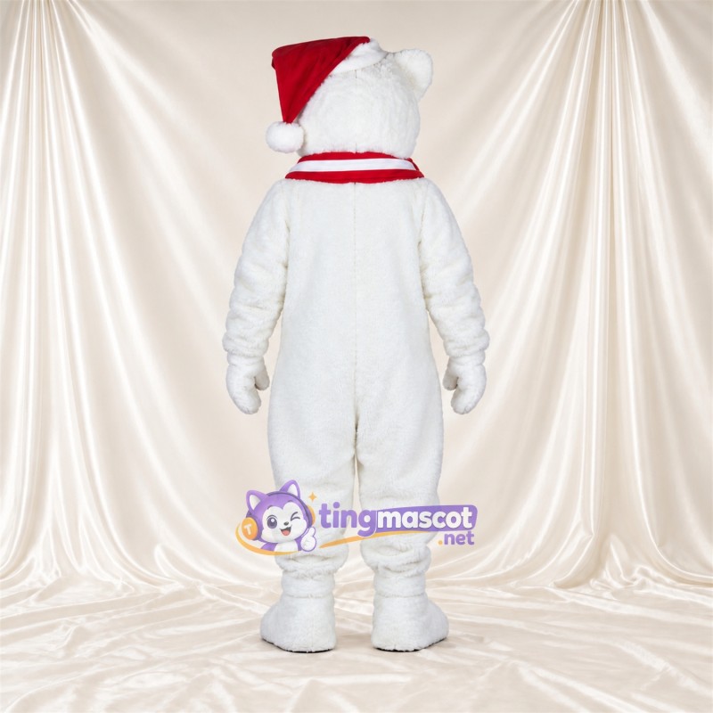 White Polar Bear Mascot Costume - Santa Hat and Red Scarf, Black Paw Pads and Striped Scarf White Polar Bear Mascot Costume - Santa Hat and Red Scarf, Black Paw Pads and Striped Scarf