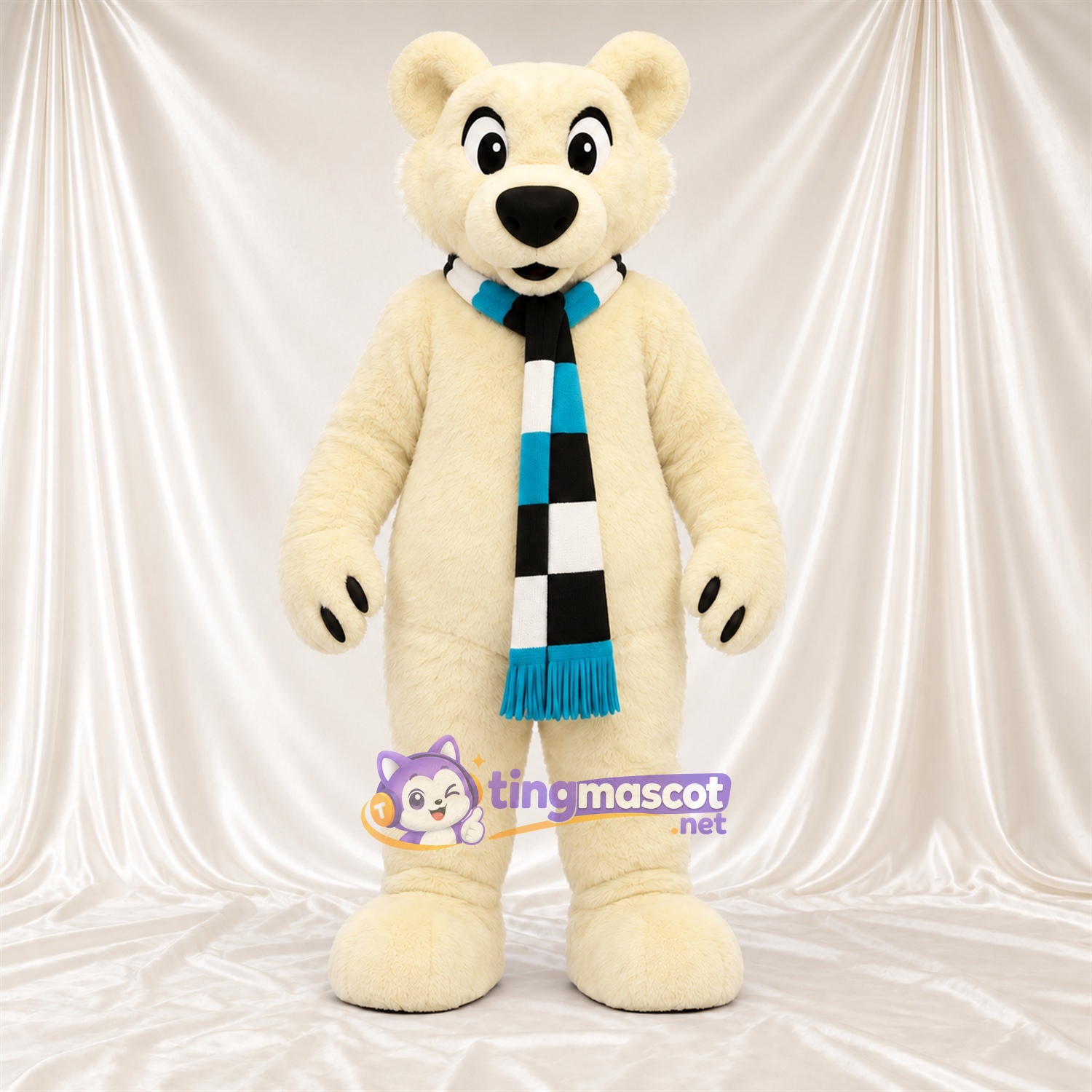 Maskottchenkostüm Eisbär – creme – Schal (blau / schwarz) Maskottchenkostüm Eisbär – creme – Schal (blau / schwarz)