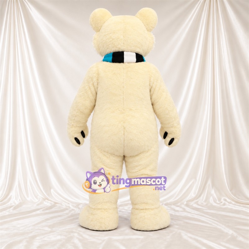 Maskottchenkostüm Eisbär – creme – Schal (blau / schwarz) Maskottchenkostüm Eisbär – creme – Schal (blau / schwarz)