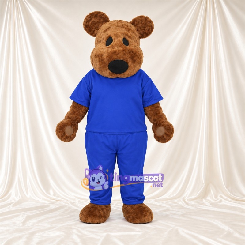 Maskottchenkostüm Bär – braun – Outfit (blau) Maskottchenkostüm Bär – braun – Outfit (blau)