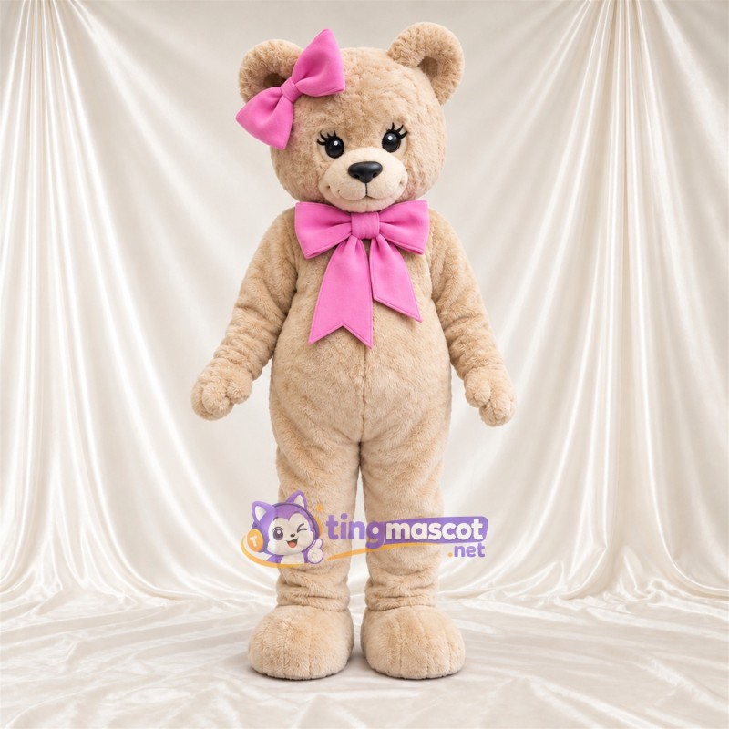 Maskottchenkostüm Bär – hellbraun – Schleifen (rosa) Maskottchenkostüm Bär – hellbraun – Schleifen (rosa)