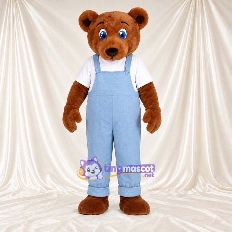 Maskottchenkostüm Bär – braun – Latzhose (blau) Maskottchenkostüm Bär – braun – Latzhose (blau)