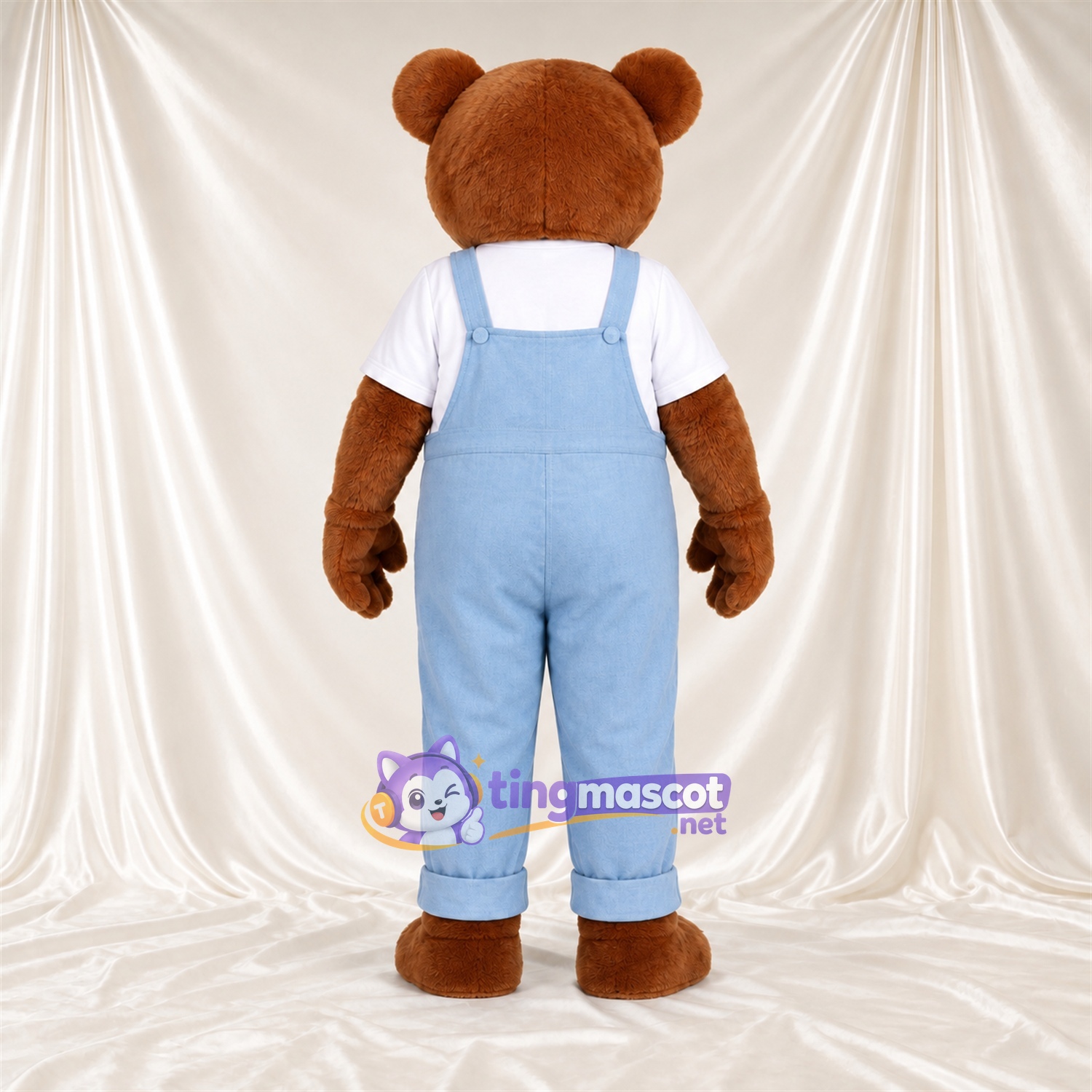 Maskottchenkostüm Bär – braun – Latzhose (blau) Maskottchenkostüm Bär – braun – Latzhose (blau)