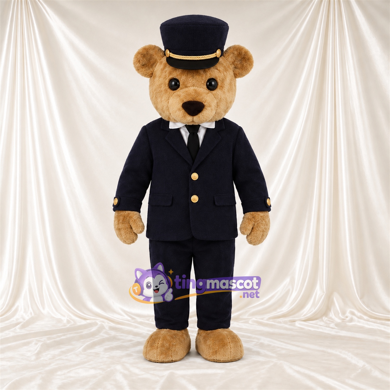 Maskottchenkostüm Bär – braun – Anzug (schwarz); Zylinder Maskottchenkostüm Bär – braun – Anzug (schwarz); Zylinder