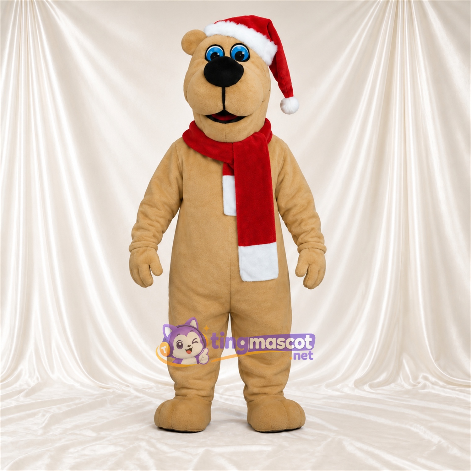 Tan Bear Mascot Costume - Santa Hat and Red Scarf