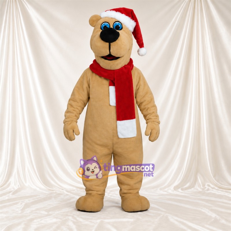 Tan Bear Mascot Costume - Santa Hat and Red Scarf Tan Bear Mascot Costume - Santa Hat and Red Scarf
