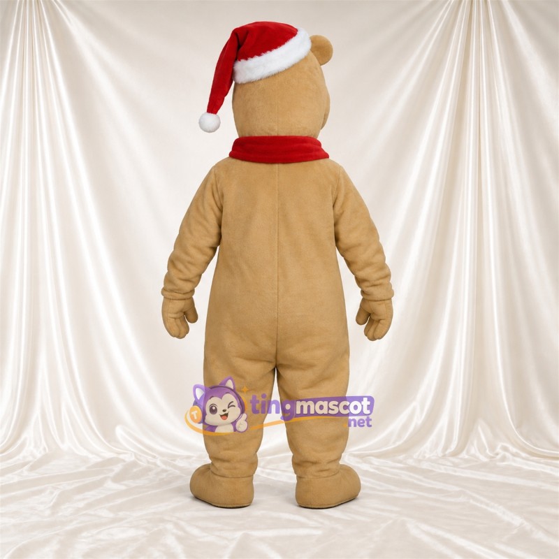 Tan Bear Mascot Costume - Santa Hat and Red Scarf
