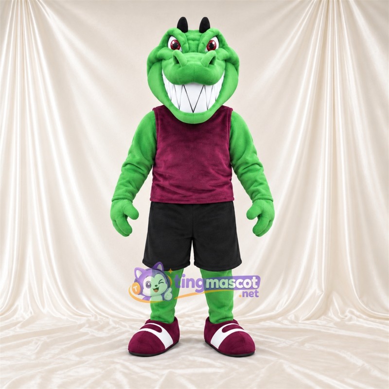 Costume de mascotte Crocodile – vert – Débardeur (bordeaux); Short (noir) Costume de mascotte Crocodile – vert – Débardeur (bordeaux); Short (noir)