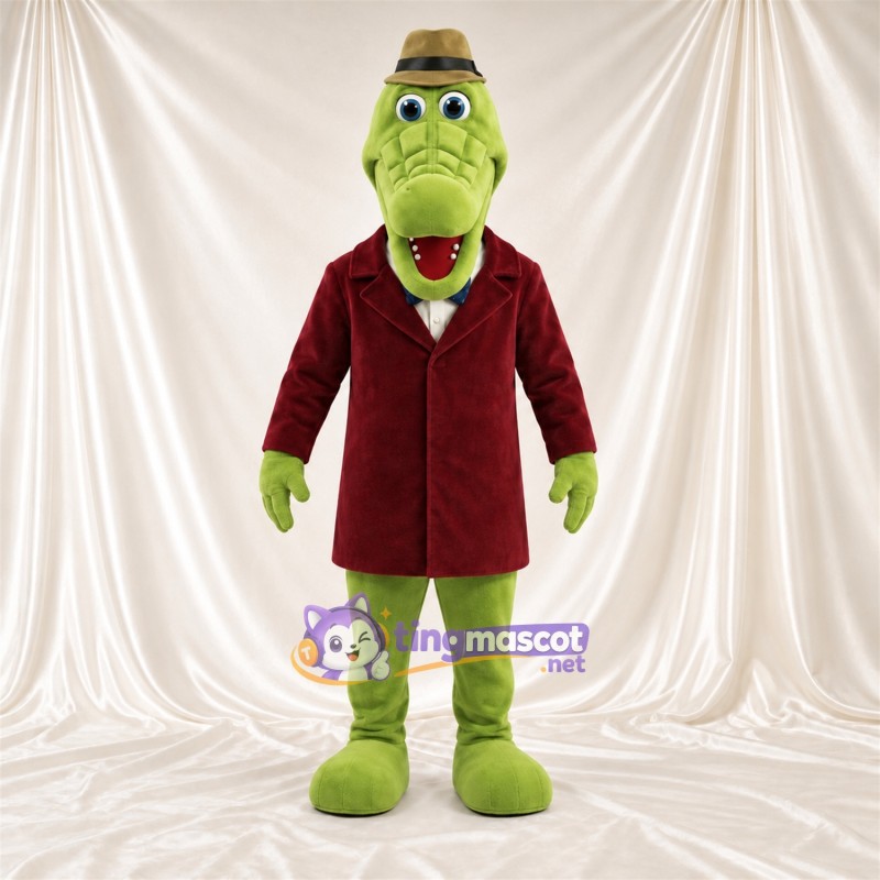 Costume de mascotte Crocodile – vert – Manteau (bordeaux); Chapeau Costume de mascotte Crocodile – vert – Manteau (bordeaux); Chapeau