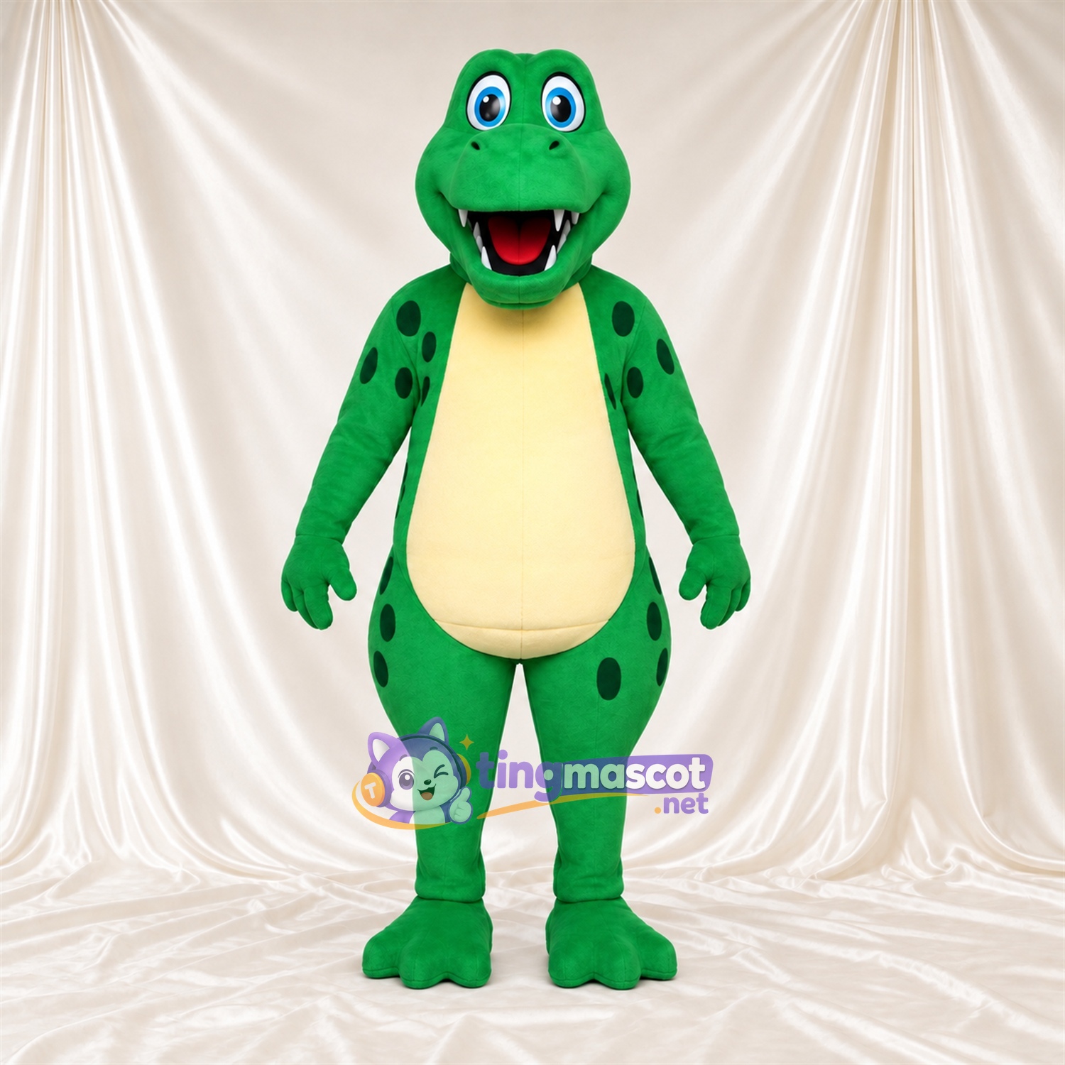 Maskottchenkostüm Dinosaurier – grün – Flecken (schwarz); Bauch (creme) Maskottchenkostüm Dinosaurier – grün – Flecken (schwarz); Bauch (creme)
