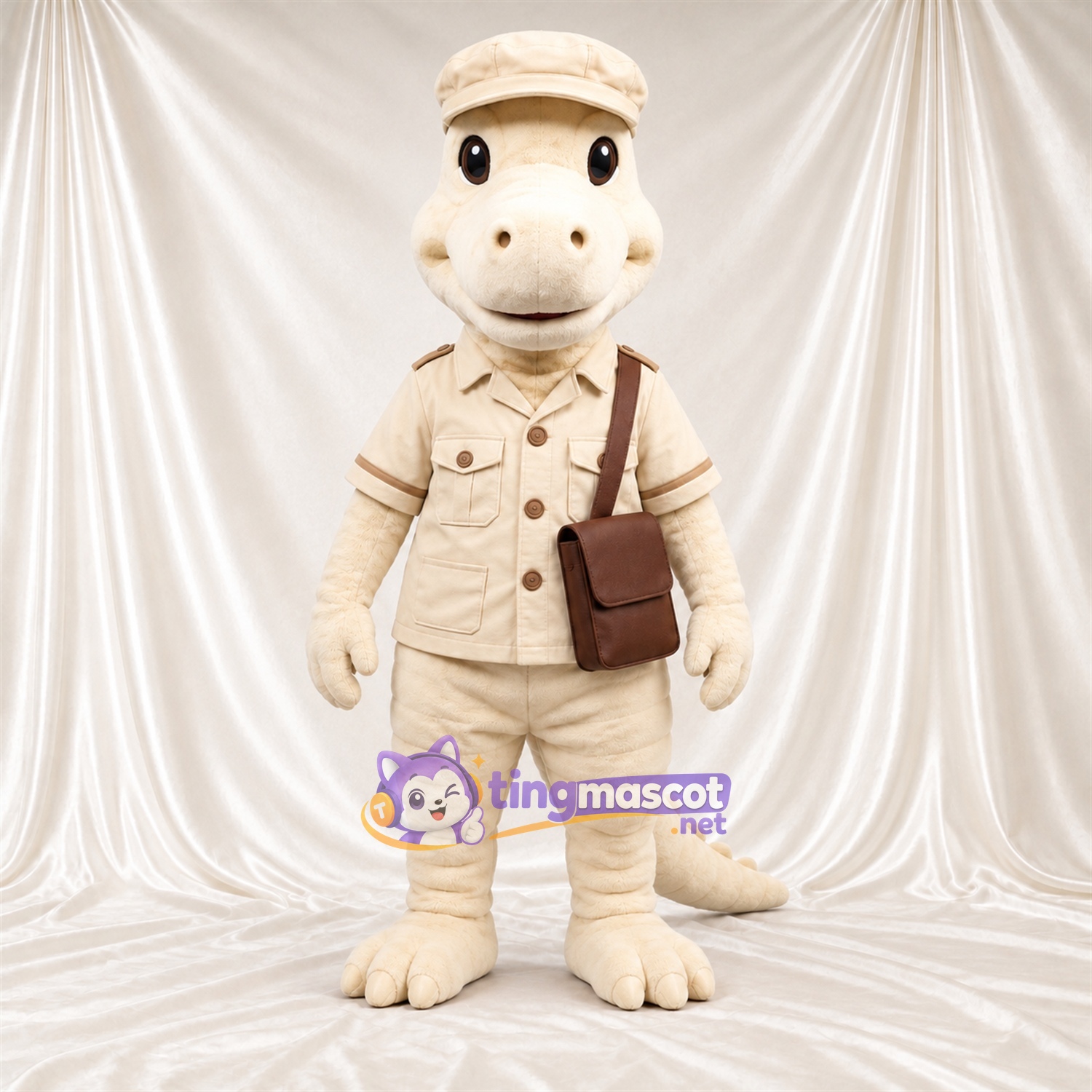 Cream Crocodile Mascot Costume - Safari Outfit and Shoulder Bag Cream Crocodile Mascot Costume - Safari Outfit and Shoulder Bag