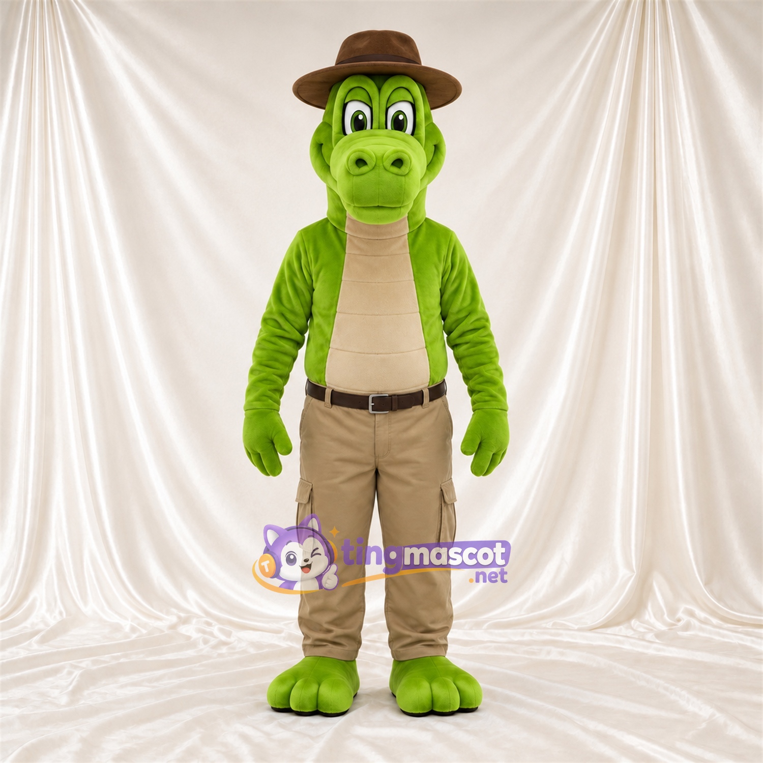 Green Crocodile Mascot Costume - Brown Hat and Tan Pants Green Crocodile Mascot Costume - Brown Hat and Tan Pants