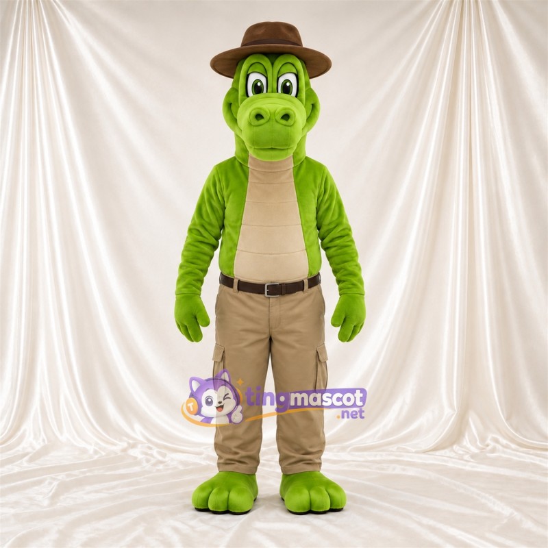 Green Crocodile Mascot Costume - Brown Hat and Tan Pants Green Crocodile Mascot Costume - Brown Hat and Tan Pants