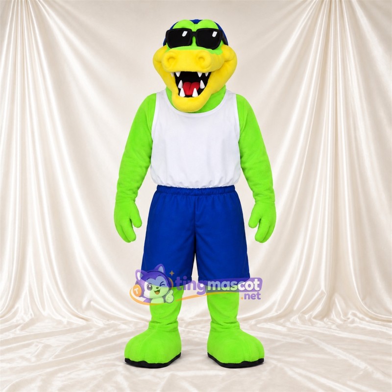 Costume de mascotte Crocodile – vert – Débardeur (blanc); Short (bleu) Costume de mascotte Crocodile – vert – Débardeur (blanc); Short (bleu)
