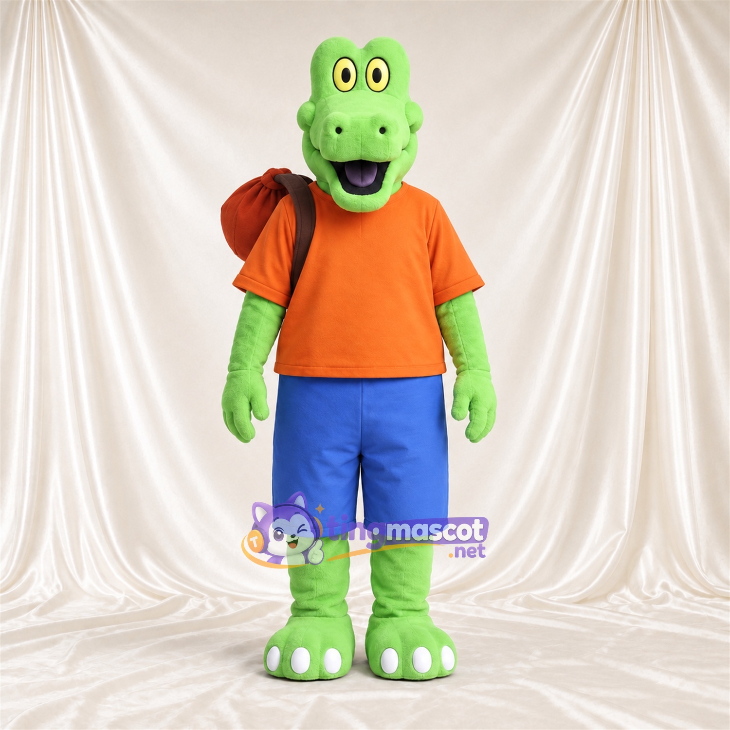 Costume de mascotte Crocodile – vert – Chemise (orange); Short (bleu) Costume de mascotte Crocodile – vert – Chemise (orange); Short (bleu)