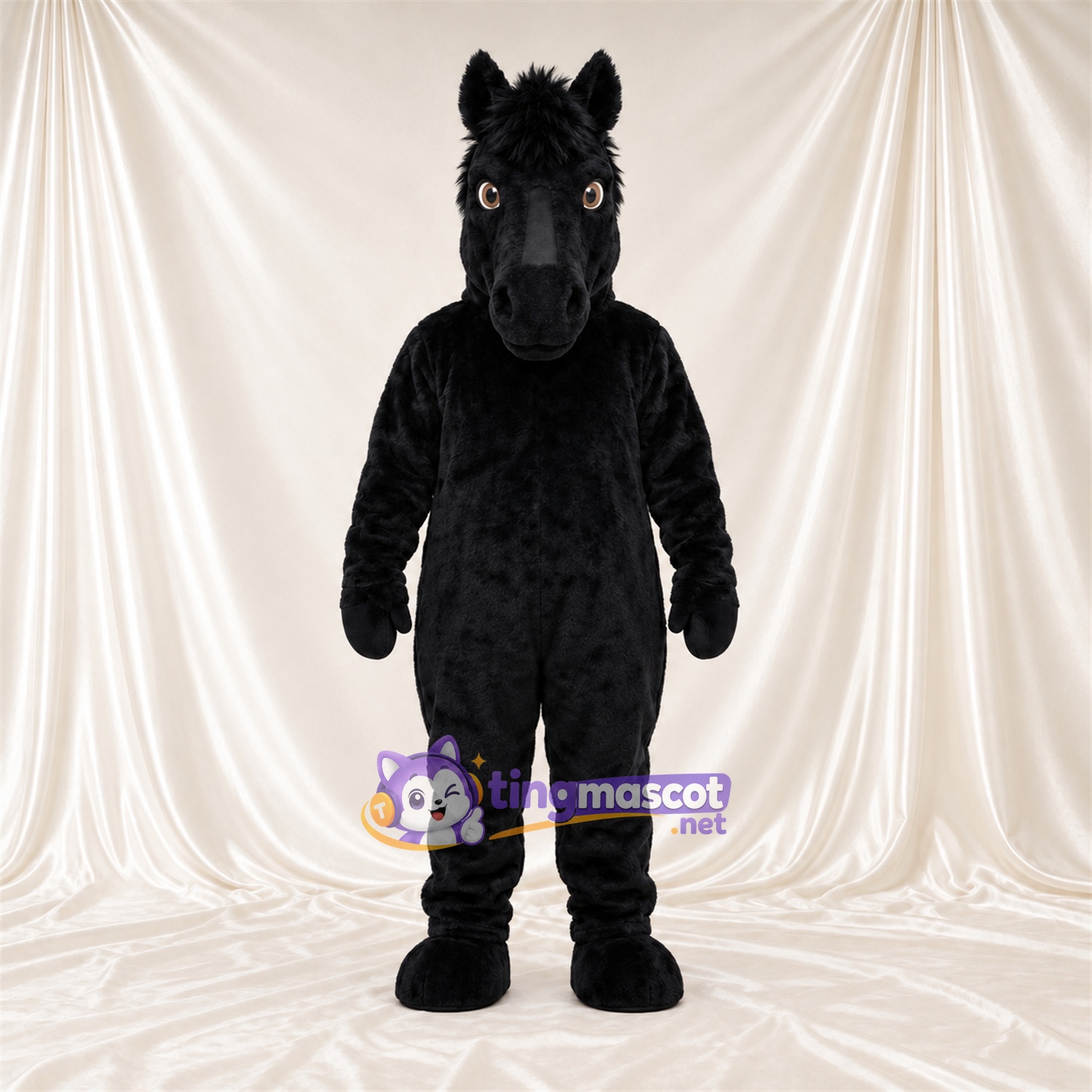 Black Horse Mascot Costume - Black Mane and Long Muzzle Black Horse Mascot Costume - Black Mane and Long Muzzle