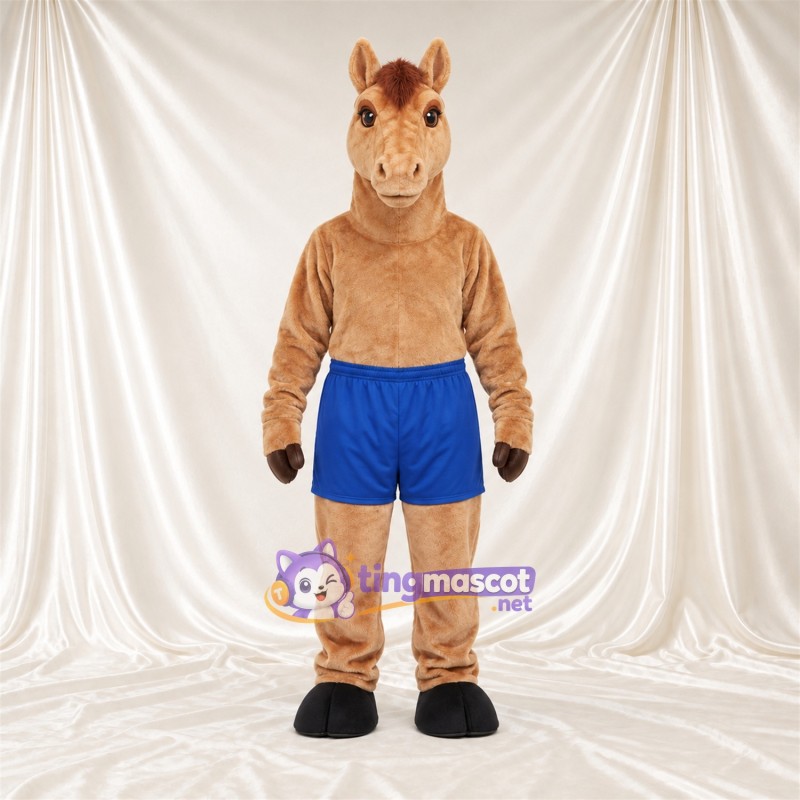 Costume de mascotte Cheval – brun clair – Short (bleu) Costume de mascotte Cheval – brun clair – Short (bleu)