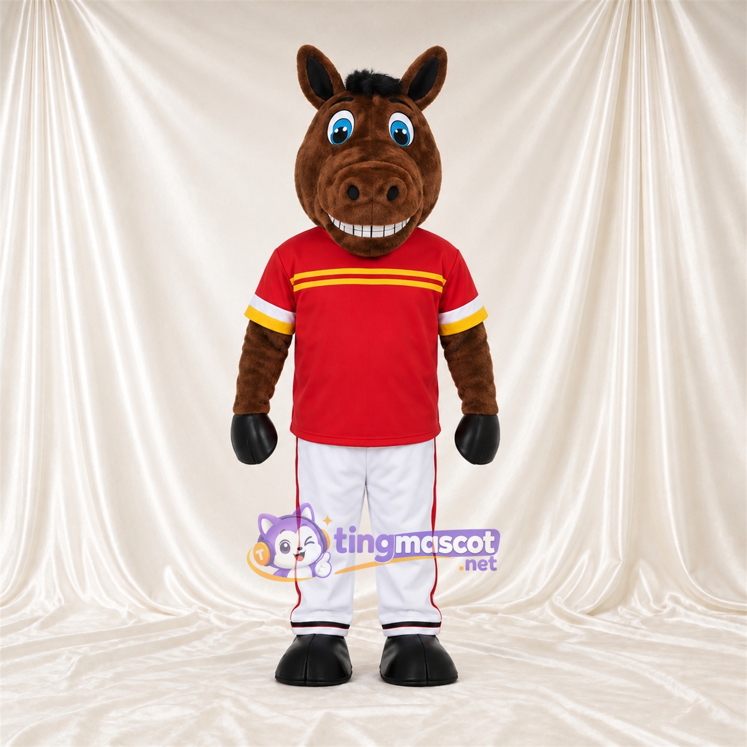 Brown Horse Mascot Costume - Red Jersey and White Pants Brown Horse Mascot Costume - Red Jersey and White Pants
