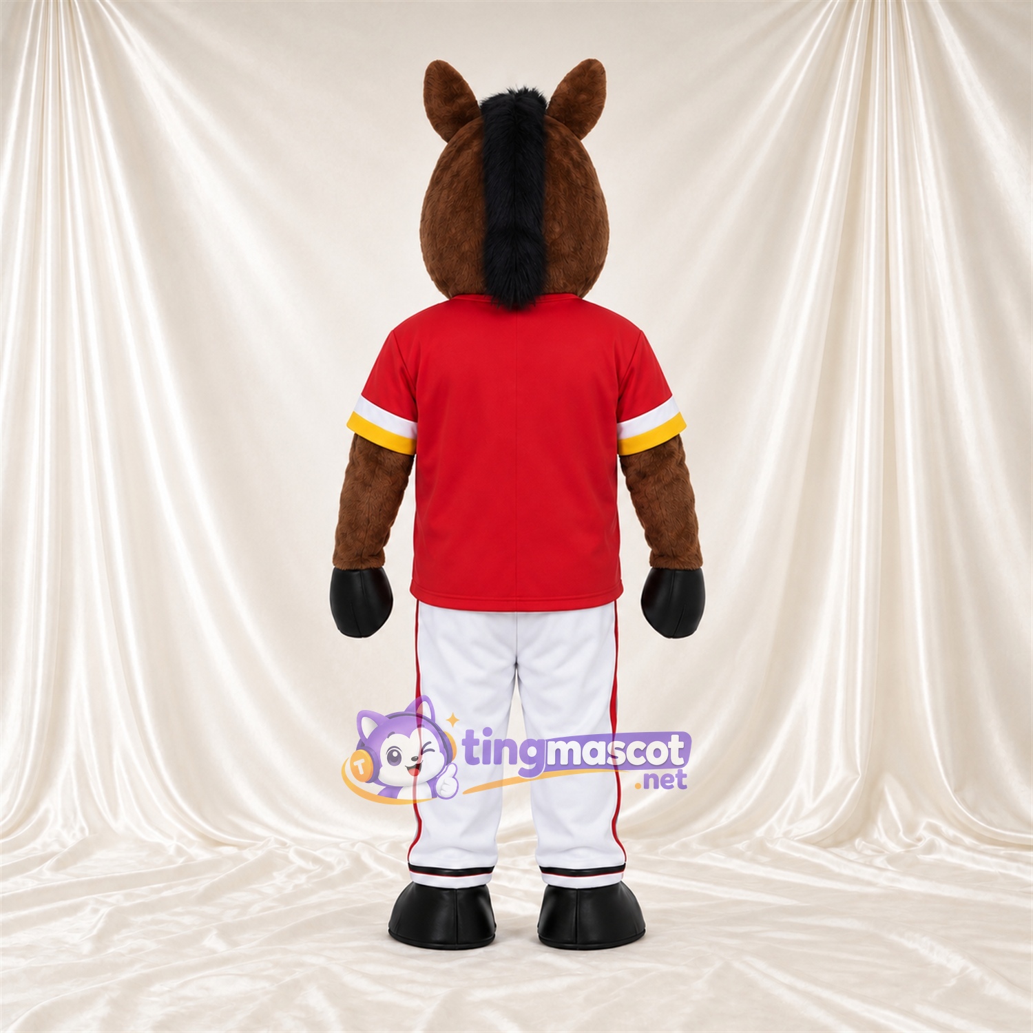 Brown Horse Mascot Costume - Red Jersey and White Pants Brown Horse Mascot Costume - Red Jersey and White Pants