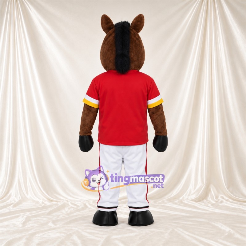 Brown Horse Mascot Costume - Red Jersey and White Pants Brown Horse Mascot Costume - Red Jersey and White Pants