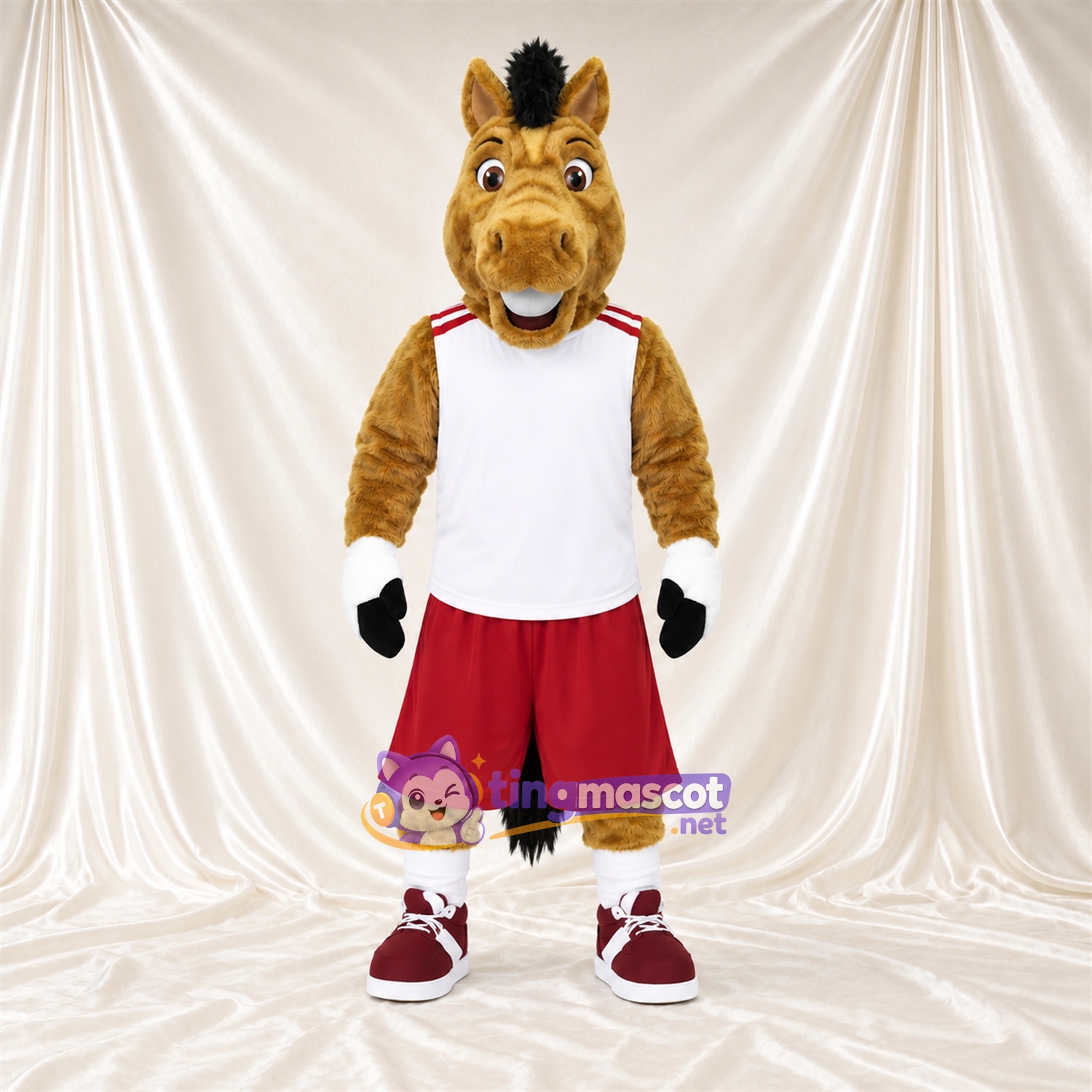 Brown Horse Mascot Costume - White Jersey and Red Shorts Brown Horse Mascot Costume - White Jersey and Red Shorts
