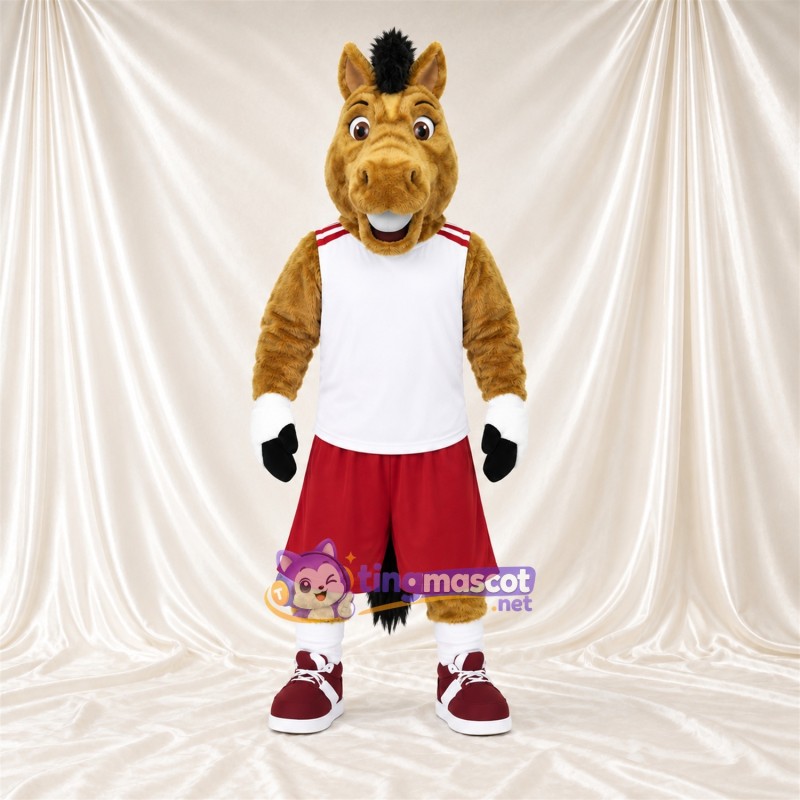 Brown Horse Mascot Costume - White Jersey and Red Shorts Brown Horse Mascot Costume - White Jersey and Red Shorts